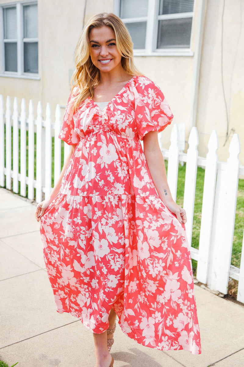 Hello Beautiful Coral Elastic V Neck Tiered Big Floral Maxi Dress