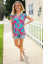 Flower Power Blue V Neck Flutter Sleeve Woven Blouse