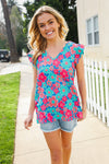 Flower Power Blue V Neck Flutter Sleeve Woven Blouse