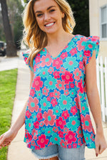Flower Power Blue V Neck Flutter Sleeve Woven Blouse