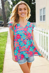 Flower Power Blue V Neck Flutter Sleeve Woven Blouse
