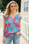 Flower Power Blue V Neck Flutter Sleeve Woven Blouse