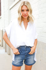Casual Chic White Linen Notch Neck Dolman Short Sleeve Top