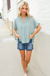 Casual Chic Sage Linen Notch Neck Dolman Short Sleeve Top