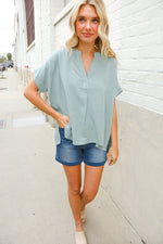 Casual Chic Sage Linen Notch Neck Dolman Short Sleeve Top