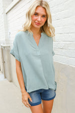 Casual Chic Sage Linen Notch Neck Dolman Short Sleeve Top