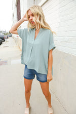 Casual Chic Sage Linen Notch Neck Dolman Short Sleeve Top