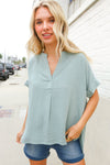 Casual Chic Sage Linen Notch Neck Dolman Short Sleeve Top
