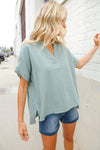 Casual Chic Sage Linen Notch Neck Dolman Short Sleeve Top