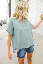 Casual Chic Sage Linen Notch Neck Dolman Short Sleeve Top