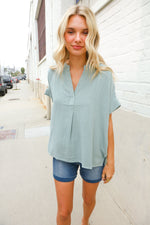 Casual Chic Sage Linen Notch Neck Dolman Short Sleeve Top