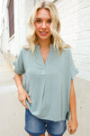 Casual Chic Sage Linen Notch Neck Dolman Short Sleeve Top