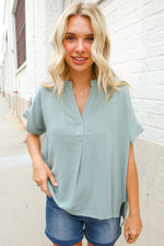 Casual Chic Sage Linen Notch Neck Dolman Short Sleeve Top