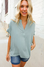 Casual Chic Sage Linen Notch Neck Dolman Short Sleeve Top