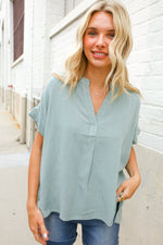 Casual Chic Sage Linen Notch Neck Dolman Short Sleeve Top