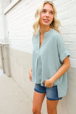 Casual Chic Sage Linen Notch Neck Dolman Short Sleeve Top
