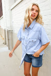 Casual Chic Blue Cotton Denim Snap Button Flap Pocket Top