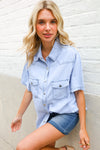 Casual Chic Blue Cotton Denim Snap Button Flap Pocket Top