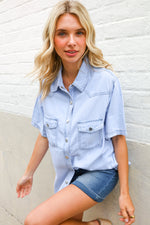 Casual Chic Blue Cotton Denim Snap Button Flap Pocket Top