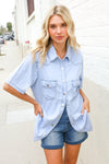 Casual Chic Blue Cotton Denim Snap Button Flap Pocket Top