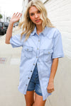 Casual Chic Blue Cotton Denim Snap Button Flap Pocket Top