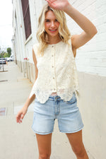 Charming Nude Cotton Button Down Scallop Hem Lace Vest Top