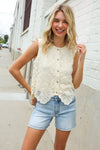 Charming Nude Cotton Button Down Scallop Hem Lace Vest Top