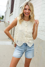 Charming Nude Cotton Button Down Scallop Hem Lace Vest Top