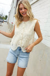 Charming Nude Cotton Button Down Scallop Hem Lace Vest Top
