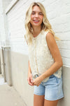 Charming Nude Cotton Button Down Scallop Hem Lace Vest Top