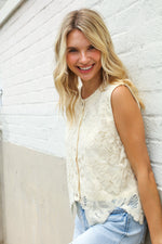 Charming Nude Cotton Button Down Scallop Hem Lace Vest Top