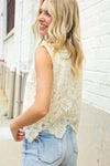 Charming Nude Cotton Button Down Scallop Hem Lace Vest Top