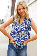 Dazzle In Cobalt Blue Leopard Print Frill Notch Neck Top