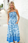 Follow Me Blue Paisley Print Smocked Shoulder Tie Border Hem Dress