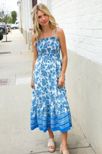 Follow Me Blue Paisley Print Smocked Shoulder Tie Border Hem Dress