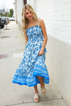 Follow Me Blue Paisley Print Smocked Shoulder Tie Border Hem Dress