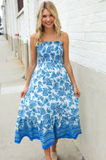 Follow Me Blue Paisley Print Smocked Shoulder Tie Border Hem Dress