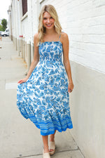 Follow Me Blue Paisley Print Smocked Shoulder Tie Border Hem Dress