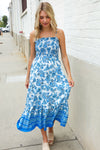 Follow Me Blue Paisley Print Smocked Shoulder Tie Border Hem Dress
