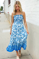 Follow Me Blue Paisley Print Smocked Shoulder Tie Border Hem Dress