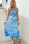 Follow Me Blue Paisley Print Smocked Shoulder Tie Border Hem Dress