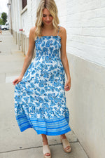 Follow Me Blue Paisley Print Smocked Shoulder Tie Border Hem Dress