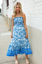 Follow Me Blue Paisley Print Smocked Shoulder Tie Border Hem Dress
