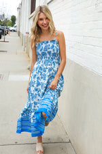 Follow Me Blue Paisley Print Smocked Shoulder Tie Border Hem Dress