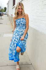 Follow Me Blue Paisley Print Smocked Shoulder Tie Border Hem Dress