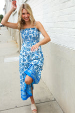 Follow Me Blue Paisley Print Smocked Shoulder Tie Border Hem Dress
