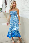 Follow Me Blue Paisley Print Smocked Shoulder Tie Border Hem Dress