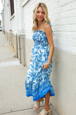 Follow Me Blue Paisley Print Smocked Shoulder Tie Border Hem Dress