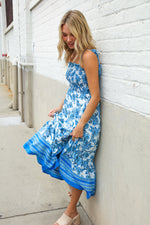 Follow Me Blue Paisley Print Smocked Shoulder Tie Border Hem Dress