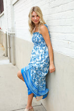 Follow Me Blue Paisley Print Smocked Shoulder Tie Border Hem Dress